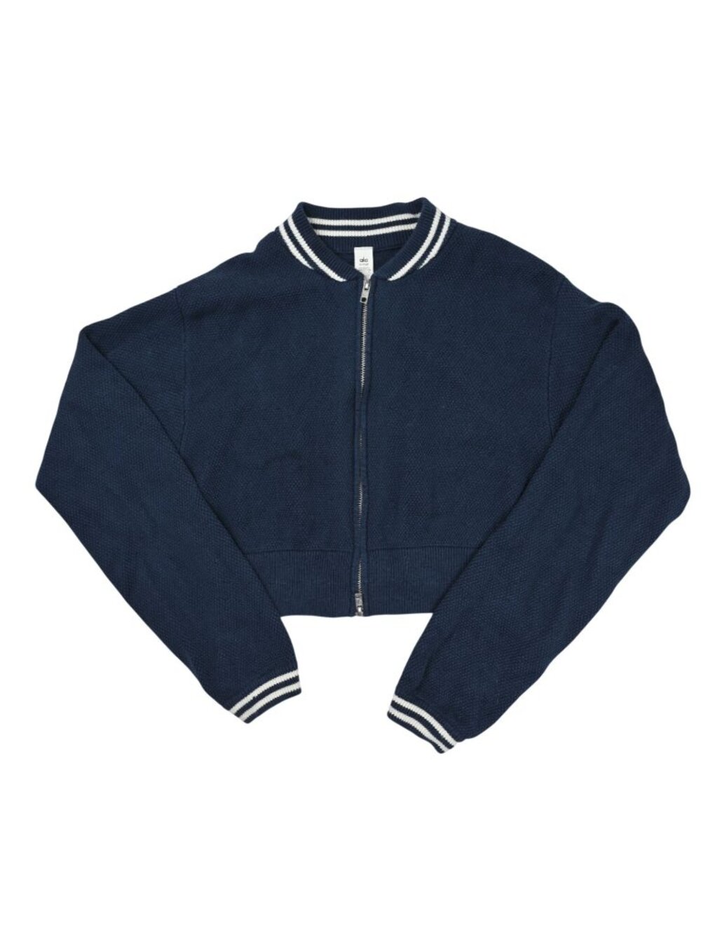 ALO Yoga Tennis Club Sweater Knit Full Zip Jacket in Navy